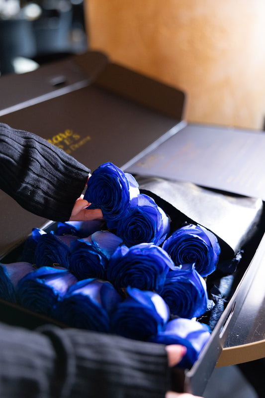 Fresh blue Ecuadorian roses in signature black and gold box - Lunare Roses